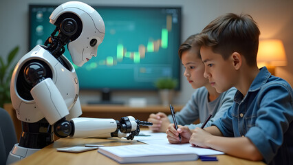 A humanoid robot helps two children with homework by pointing at a screen while they take notes, showcasing collaboration between technology and learning