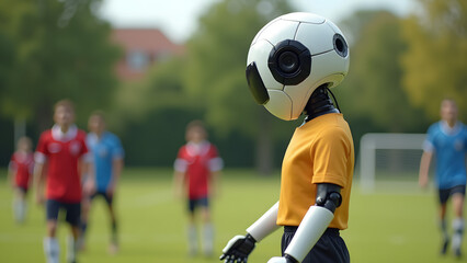 A humanoid robot acts as a referee in a friendly soccer game, closely observing players on the field with a soccer ball-shaped head