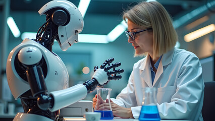 A humanoid robot assists a young Caucasian female scientist in a laboratory, holding a beaker while she records observations with concentration