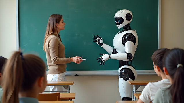 A humanoid robot and a female teacher are co-teaching a classroom of children, interacting as they write on the board to explain a concept