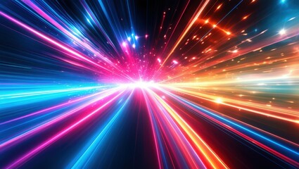 Abstract light trails, colorful energy beams, high speed motion, futuristic tunnel, neon colors, vibrant pink and blue, dynamic composition, sci-fi atmosphere, hyperspace effect, long exposure photogr