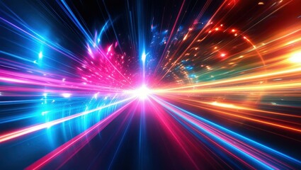 Abstract light trails, colorful energy beams, high speed motion, futuristic tunnel, neon colors, vibrant pink and blue, dynamic composition, sci-fi atmosphere, hyperspace effect, long exposure photogr