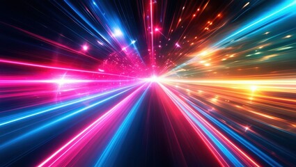 Abstract light trails, colorful energy beams, high speed motion, futuristic tunnel, neon colors, vibrant pink and blue, dynamic composition, sci-fi atmosphere, hyperspace effect, long exposure photogr