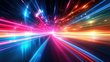 Obraz premium Abstract light trails, colorful energy beams, high speed motion, futuristic tunnel, neon colors, vibrant pink and blue, dynamic composition, sci-fi atmosphere, hyperspace effect, long exposure photogr