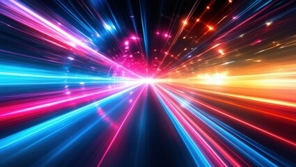 Obraz premium Abstract light trails, colorful energy beams, high speed motion, futuristic tunnel, neon colors, vibrant pink and blue, dynamic composition, sci-fi atmosphere, hyperspace effect, long exposure photogr