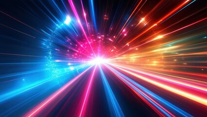 Abstract light trails, colorful energy beams, high speed motion, futuristic tunnel, neon colors, vibrant pink and blue, dynamic composition, sci-fi atmosphere, hyperspace effect, long exposure photogr