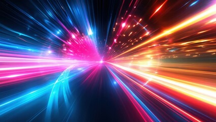 Obraz premium Abstract light trails, colorful energy beams, high speed motion, futuristic tunnel, neon colors, vibrant pink and blue, dynamic composition, sci-fi atmosphere, hyperspace effect, long exposure photogr