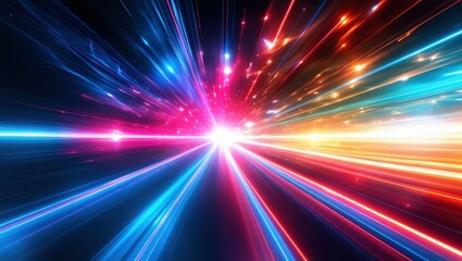 Abstract light trails, colorful energy beams, high speed motion, futuristic tunnel, neon colors, vibrant pink and blue, dynamic composition, sci-fi atmosphere, hyperspace effect, long exposure photogr
