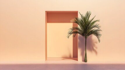 Fototapeta premium Minimalist Palm Tree Scene Peach Wall Doorway