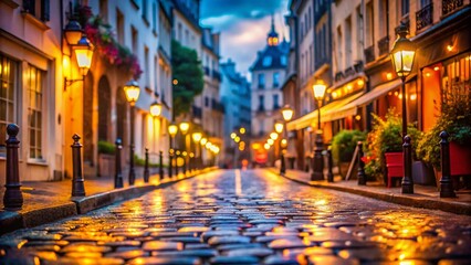 Fototapeta premium Parisian Street Scene at Night with Bokeh Lights - Romantic Cityscape