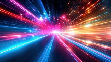 Fototapeta premium Abstract light trails, colorful energy beams, high speed motion, futuristic tunnel, neon colors, vibrant pink and blue, dynamic composition, sci-fi atmosphere, hyperspace effect, long exposure photogr