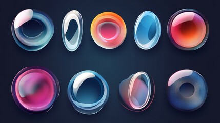 Colorful abstract glossy shapes; design elements; dark background; graphic design resource