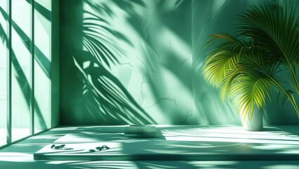 tropical palm leaves, shadow play, minimalist interior, teal wall, potted plant, sunlight streaming, architectural photography, zen atmosphere, clean lines, modern design, geometric shadows, nature-in