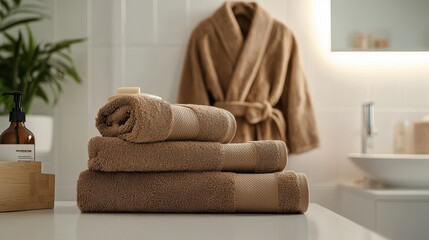 A stack of plush bath towels with a bathrobe on top, placed in a bathroom setting, on a white background