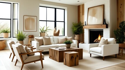 Fototapeta premium Modern living room, minimalist design, neutral color palette, fireplace, white sofa, wooden coffee table, mid-century armchair, large windows, natural light, potted plant, abstract wall art, accent wa