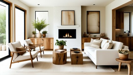 Fototapeta premium Modern living room, minimalist design, neutral color palette, fireplace, white sofa, wooden coffee table, mid-century armchair, large windows, natural light, potted plant, abstract wall art, accent wa