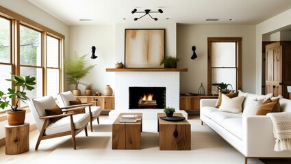 Modern living room, minimalist design, neutral color palette, fireplace, white sofa, wooden coffee table, mid-century armchair, large windows, natural light, potted plant, abstract wall art, accent wa