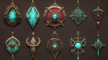 Esoteric amulets and talismans with bronze turquoise and maroon colors