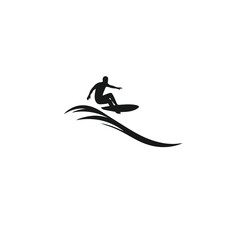 Silhouette of a surfer riding a wave on a white background