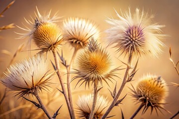 Obraz premium Delicate Dried Thistle Heads on Beige Background - Long Exposure Stock Photo