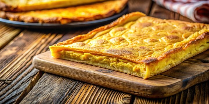 Delicious golden-brown farinata chickpea flatbread, rustic setting, close-up