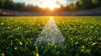 Naklejka premium Sunset over a soccer field's center line.