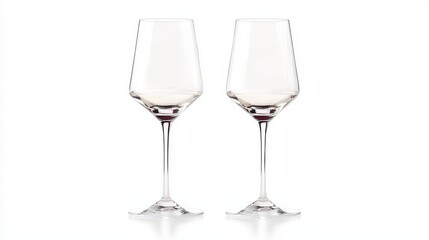 A pair of elegant wine glasses filled with white wine, placed on a clean white surface, on a white isolated background