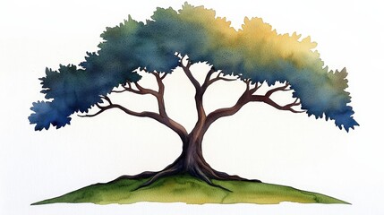 Watercolor Tree Illustration Featuring Lush Green Leaves Against a White Background