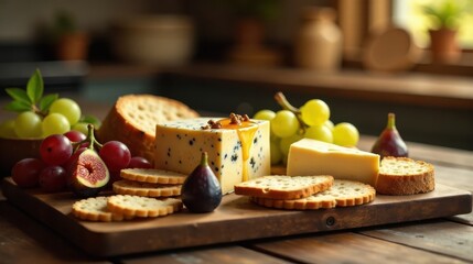 Artisan Cheese and Fruit Platter Honey-Drizzled Cheese, Crackers, Grapes, and Figs on a Rustic Wooden Board
