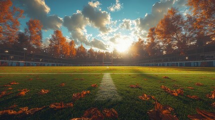 Autumnal rugby field at sunset, leaves on grass, goalposts visible.