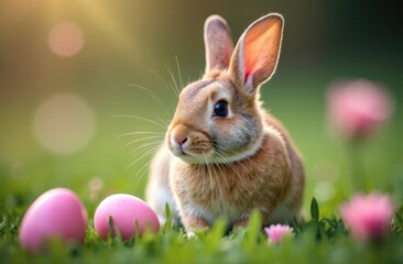 Fototapeta premium cute rabbit with easter eggs on green grass