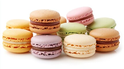 Fototapeta premium A collection of colorful macarons, arranged in a neat row, on a white isolated background