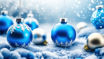 Christmas ornaments, blue and silver baubles, snow, winter scene, soft focus, bokeh lights, festive atmosphere, holiday decorations, cold color palette, glitter, shiny surfaces, macro photography, sha