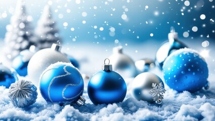 Christmas ornaments, blue and silver baubles, snow, winter scene, soft focus, bokeh lights, festive atmosphere, holiday decorations, cold color palette, glitter, shiny surfaces, macro photography, sha