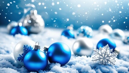 Christmas ornaments, blue and silver baubles, snow, winter scene, soft focus, bokeh lights, festive atmosphere, holiday decorations, cold color palette, glitter, shiny surfaces, macro photography, sha