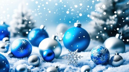 Christmas ornaments, blue and silver baubles, snow, winter scene, soft focus, bokeh lights, festive atmosphere, holiday decorations, cold color palette, glitter, shiny surfaces, macro photography, sha