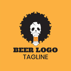 logo concept for bar, combination of curly haired skull head biting a glass of beer