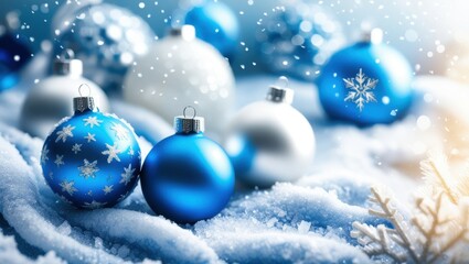 Christmas ornaments, blue and silver baubles, snow, winter scene, soft focus, bokeh lights, festive atmosphere, holiday decorations, cold color palette, glitter, shiny surfaces, macro photography, sha