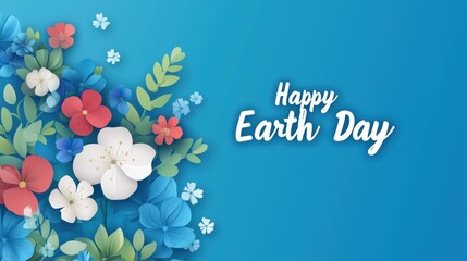 The Happy Earth Day poster in bold white text pops against a blue backdrop, accented with nature-inspired elements to commemorate April 22 with a cheerful message.