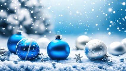 Christmas ornaments, blue and silver baubles, snow, winter scene, soft focus, bokeh lights, festive atmosphere, holiday decorations, cold color palette, glitter, shiny surfaces, macro photography, sha