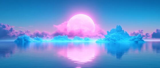 Fototapeta premium Surreal floating islands in teal and pink tones under bright moonlight