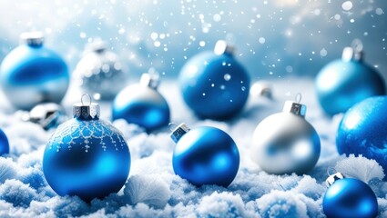 Fototapeta premium Christmas ornaments, blue and silver baubles, snow, winter scene, soft focus, bokeh lights, festive atmosphere, holiday decorations, cold color palette, glitter, shiny surfaces, macro photography, sha