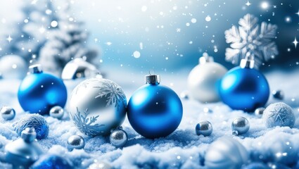 Christmas ornaments, blue and silver baubles, snow, winter scene, soft focus, bokeh lights, festive atmosphere, holiday decorations, cold color palette, glitter, shiny surfaces, macro photography, sha