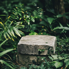 A stone platform in the middle of lush green foliage, with a blurred background. Close-up product photography showcasing nature