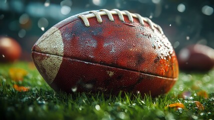 Wet, game-used American football on grass field, rain drops.