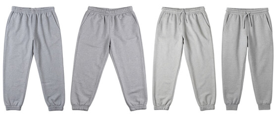 Four pairs of gray sweatpants isolated with transparent background