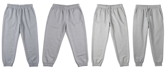 Four pairs of gray sweatpants isolated with transparent background