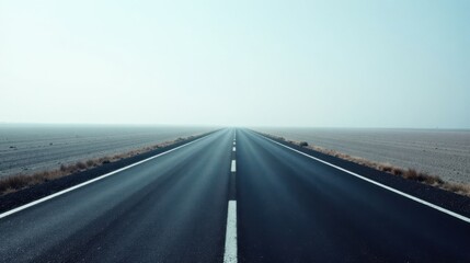 Fototapeta premium Asphalt road disappearing into a hazy, flat landscape under a pale sky, conveying a sense of journey and the unknown.