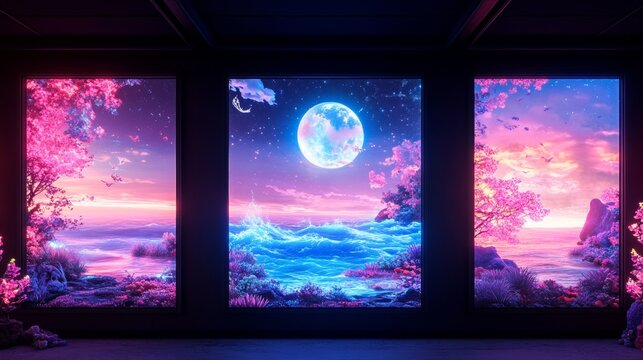 Enchanting neon oceanic creatures in a dreamlike swirling seascape with luminous moonlit horizon