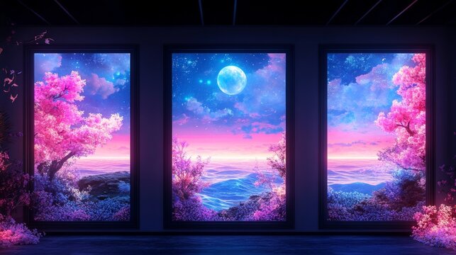 Enchanting neon sea creatures amid vibrant swirling oceanic frames at night